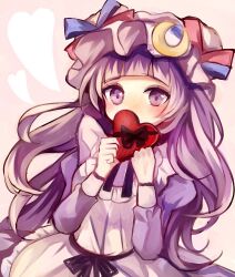 Rule 34 | 1girl, apron, blunt bangs, blush, box, covering own mouth, crescent, crescent hat ornament, dress, hat, hat ornament, heart, heart-shaped box, holding, holding box, juliet sleeves, long hair, long sleeves, looking at viewer, mob cap, patchouli knowledge, puffy sleeves, purple eyes, purple hair, solo, touhou, ukita uuko, valentine, very long hair