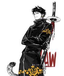Rule 34 | 1boy, animal ears, black hair, character name, closed mouth, commentary request, dated, earrings, facial hair, hand tattoo, heart pirates jolly roger, highres, holding, holding sword, holding weapon, jewelry, katana, long coat, long sleeves, looking at viewer, male focus, one piece, short hair, snow leopard boy, snow leopard ears, snow leopard tail, solo, sword, tattoo, trafalgar law, v-shaped eyebrows, weapon, xuchuan, yellow eyes