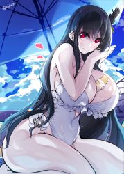 Rule 34 | 1girl, beach, beach umbrella, between breasts, black hair, blue sky, breasts, casual one-piece swimsuit, cloud, commentary request, cosplay, day, flower, frilled one-piece swimsuit, frilled swimsuit, frills, fusou (kancolle), hair flower, hair ornament, hairband, headgear, highleg, highleg swimsuit, highres, horizon, huge breasts, kantai collection, long hair, lotion, moerinrin, ocean, one-piece swimsuit, outdoors, red eyes, sagiri (kancolle), sagiri (kancolle) (cosplay), side-tie swimsuit, sky, solo, sunscreen, swimsuit, umbrella, white one-piece swimsuit