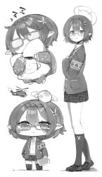 Rule 34 | 1girl, aircraft, ayane (blue archive), blazer, blue archive, blush, blush stickers, closed mouth, collared shirt, doodle sensei (blue archive), earpiece, glasses, hair ornament, halo, head bump, helicopter, highres, jacket, kneehighs, kotatu (akaki01aoki00), long sleeves, multiple views, necktie, open clothes, open jacket, open mouth, pleated skirt, pointy ears, sensei (blue archive), shirt, short hair, simple background, skirt, sleeping, smile, socks, white background, zzz