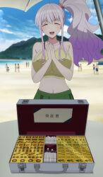 Rule 34 | 1girl, absurdres, beach, breasts, clapping, cleavage, closed eyes, collarbone, dice, gold, green skirt, hair ornament, hayashi riche, highres, large breasts, mahjong, mahjong tile, navel, open mouth, pon no michi, sand, screencap, side ponytail, sidelocks, skirt, stitched, stomach, table, third-party edit, white hair