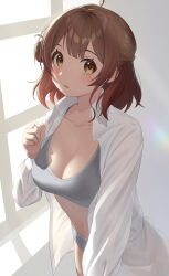 1girl absurdres ahoge bra breasts brown_eyes brown_hair cleavage collarbone commentary_request gakuen_idolmaster grey_bra grey_panties hair_bun hanami_ume highres idolmaster long_sleeves looking_at_viewer medium_breasts open_clothes open_shirt panties shirt short_hair single_hair_bun solo tsunenorip underwear white_shirt