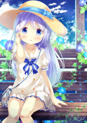 Rule 34 | 1girl, arm support, bag, blue bow, blue eyes, blue flower, blue hair, blue sky, blurry, blurry background, blush, bow, brown hat, chinomaron, cloud, cloudy sky, collarbone, commentary request, day, depth of field, flower, gochuumon wa usagi desu ka?, hair between eyes, hair ornament, hand up, hat, hat bow, head tilt, highres, kafuu chino, long hair, looking at viewer, outdoors, parted lips, pleated skirt, puffy short sleeves, puffy sleeves, purple flower, sailor collar, shirt, short sleeves, shoulder bag, signature, sitting, skirt, sky, solo, striped, striped bow, sun hat, tucking hair, twitter username, very long hair, white sailor collar, white shirt, white skirt, x hair ornament