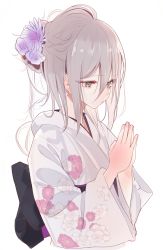 Rule 34 | 1girl, black bow, blush, bow, brown eyes, commentary request, cropped torso, fingernails, floral print, flower, grey hair, hair between eyes, hair flower, hair ornament, hands up, highres, japanese clothes, kimono, long sleeves, original, own hands together, palms together, print kimono, purple flower, shirousa, simple background, solo, upper body, white background, white kimono, wide sleeves