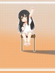 Rule 34 | 1girl, :o, arm up, barefoot, black hair, bright pupils, brown background, brown eyes, chinese commentary, commentary request, fang, feet, full body, gradient background, highres, kuma-bound, long hair, on chair, open mouth, original, shirt, sitting, soles, solo, toes, white pupils, white shirt