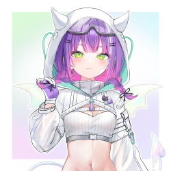 Rule 34 | 1girl, :3, absurdres, bandeau, braid, breasts, buckle, cleavage, colored inner hair, demon tail, demon wings, ear piercing, earrings, fang, gloves, goggles, goggles on head, green eyes, highres, hololive, hood, hood up, hooded shrug, horned hood, horns, jewelry, long hair, long sleeves, looking at viewer, medium breasts, melting tail, multicolored hair, navel, navel piercing, official alternate costume, piercing, pink hair, purple hair, ribbed bandeau, ruru amachi, shrug (clothing), skin fang, small breasts, snap-fit buckle, solo, stomach, tail, tokoyami towa, tokoyami towa (5th costume), twin braids, virtual youtuber, white bandeau, white gloves, white shrug, white tail, wings