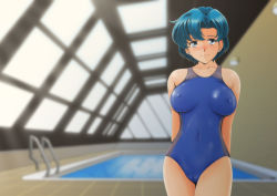 Rule 34 | 1girl, bishoujo senshi sailor moon, blue eyes, blue hair, blue one-piece swimsuit, breasts, breasts apart, cameltoe, closed mouth, collarbone, competition swimsuit, covered navel, cowboy shot, covered erect nipples, looking at viewer, mizuno ami, nanashi noiji, one-piece swimsuit, rei no pool, short hair, smile, solo, swimsuit