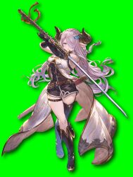 Rule 34 | asymmetrical footwear, asymmetrical gloves, belt, black footwear, black gloves, blue eyes, boots, braid, breasts, closed mouth, draph, elbow gloves, full body, gloves, granblue fantasy, granblue fantasy versus, hair ornament, hair over one eye, high heels, highres, holding, holding sword, holding weapon, horns, katana, large breasts, long hair, looking at viewer, minaba hideo, mismatched footwear, mismatched gloves, narmaya (granblue fantasy), official art, pink hair, pointy ears, serious, sheath, sleeveless, standing, sword, thigh belt, thigh strap, transparent background, weapon