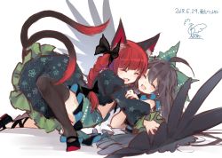 Rule 34 | 2girls, :3, :d, ^ ^, ahoge, animal ears, artist name, black bow, black footwear, black hair, black legwear, black wings, blush, bow, braid, cat ears, cat tail, closed eyes, commentary request, dated, dress, closed eyes, glomp, green bow, green dress, hair bow, hug, juliet sleeves, kaenbyou rin, knee up, long sleeves, lying, mary janes, multiple girls, multiple tails, on back, open mouth, puffy sleeves, red hair, reiuji utsuho, shadow, shoes, signature, simple background, sketch, smile, tail, thighhighs, thighs, touhou, toutenkou, translation request, twintails, two tails, white background, wings, yuri, zettai ryouiki