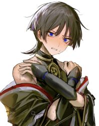 Rule 34 | 1boy, armor, bare shoulders, black hair, black shirt, black tank top, blue eyes, blunt ends, blush, collarbone, covered collarbone, crossed arms, embarrassed, eyeshadow, fingernails, genshin impact, gold necklace, hair between eyes, hands up, highres, japanese armor, jewelry, kote, kurokote, looking at viewer, makeup, male focus, mitsudomoe (shape), multicolored hair, necklace, no headwear, open clothes, open shirt, purple hair, red eyeshadow, scaramouche (genshin impact), shirt, short hair, short sleeves, simple background, solo, standing, streaked hair, sweat, tank top, teeth, tomoe (symbol), upper body, v-shaped eyebrows, white background, zzz nn z