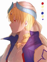 Rule 34 | 1boy, absurdres, arabian clothes, bare shoulders, blonde hair, blue vest, color guide, commentary, earrings, fate/grand order, fate (series), gilgamesh, gilgamesh (caster) (fate), gilgamesh (fate), hair between eyes, highres, jewelry, looking away, male focus, open clothes, open vest, parted lips, profile, red eyes, signature, sofra, solo, turban, upper body, vest, white background, white headwear
