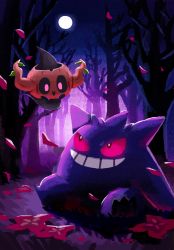 Rule 34 | aruco co, bare tree, black eyes, bright pupils, colored sclera, commentary request, creatures (company), falling petals, flower, game freak, gen 1 pokemon, gen 6 pokemon, gengar, grin, highres, looking up, moon, night, nintendo, no humans, outdoors, petals, phantump, pink sclera, pokemon, pokemon (creature), sitting, sky, smile, teeth, tree, white pupils