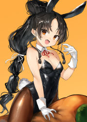 Rule 34 | 1girl, animal ears, black hair, black leotard, black pantyhose, bow, bowtie, breasts, brown eyes, carrot, covered navel, cushion, detached collar, fake animal ears, fake tail, fang, gloves, high ponytail, highleg, highleg leotard, kantai collection, leotard, long hair, looking at viewer, multi-tied hair, nisshin (kancolle), orange background, pantyhose, playboy bunny, rabbit ears, rabbit tail, small breasts, solo, strapless, strapless leotard, tail, toka (marchlizard), very long hair, white gloves, wrist cuffs