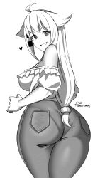 Rule 34 | 1girl, absurdres, ahoge, artist name, ass, bare shoulders, breasts, curvy, from behind, heart, highres, huge ass, kansu kansu, long hair, looking at viewer, looking back, monochrome, off-shoulder shirt, off shoulder, original, pants, pantylines, shirt, smile, solo, thick thighs, thighs, tight clothes, tight pants, white background, wide hips
