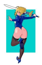 Rule 34 | &gt;:o, 1girl, :o, adapted costume, ahoge, artoria pendragon (all), artoria pendragon (fate), ass, black thighhighs, blonde hair, blue ribbon, braid, excalibur (fate/stay night), fate/stay night, fate (series), from behind, full body, hair ribbon, high heels, highleg, highleg leotard, highres, holding, holding sword, holding weapon, juliet sleeves, leotard, long sleeves, looking at viewer, looking back, parted lips, puffy sleeves, ribbon, saber (fate), sanagi torajirou, serious, shiny skin, short hair, solo, standing, standing on one leg, sword, thighhighs, thong leotard, v-shaped eyebrows, weapon