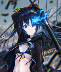 Rule 34 | 1girl, absurdres, arm up, bikini, black bikini, black choker, black coat, black gloves, black hair, black ribbon, black rock shooter, black rock shooter (character), blue eyes, blue fire, blurry, blurry foreground, breasts, chain, choker, coat, death-point, fire, flaming eye, floating hair, front-tie bikini top, front-tie top, gloves, hair between eyes, highres, holding, holding sword, holding weapon, hood, hood down, hooded coat, long hair, looking at viewer, open clothes, open coat, open mouth, ribbon, scar, small breasts, solo, star (symbol), star print, swimsuit, sword, twintails, twitter username, underboob, upper body, very long hair, weapon, zipper