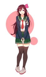 Rule 34 | 1girl, black thighhighs, brown eyes, brown hair, circle background, crescent, crescent pin, full body, green sailor collar, green skirt, hair between eyes, highres, kantai collection, kisaragi (kancolle), kisaragi kai ni (kancolle), long hair, neckerchief, own hands together, pleated skirt, red neckerchief, sailor collar, school uniform, serafuku, skirt, solo, standing, thighhighs, white background, yuuji (and)