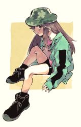 Rule 34 | 1girl, absurdres, bike shorts, black footwear, black socks, brown hair, bucket hat, buttons, camouflage, camouflage headwear, closed mouth, coat, commentary request, creatures (company), full body, game freak, green coat, grey eyes, hat, highres, leaf (pokemon), leaf (sygna suit) (pokemon), long hair, long sleeves, looking at viewer, looking to the side, nintendo, official alternate costume, open clothes, open coat, pokemon, pokemon masters ex, rkpcchan, shoes, sidelocks, sleeves past wrists, smile, socks, solo