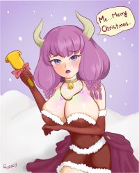 Rule 34 | 1girl, animal collar, arm under breasts, artist name, aura (sousou no frieren), bare shoulders, bell, blue eyes, breasts, christmas, cleavage, collar, collarbone, cowbell, demon girl, demon horns, dress, elbow gloves, gloves, highres, horns, large breasts, long hair, looking at viewer, low-braided long hair, low-tied long hair, open mouth, pink hair, red dress, red gloves, rona, santa dress, snow, sousou no frieren, tears, waist cape