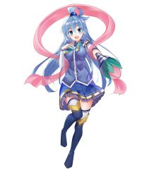 Rule 34 | 1girl, 97dwnstjq, aqua (konosuba), bad id, bad pixiv id, blue eyes, blue hair, blue thighhighs, blush, boots, breasts, commentary request, detached sleeves, hair between eyes, hair ornament, hair rings, highres, holding, holding staff, kono subarashii sekai ni shukufuku wo!, large breasts, long hair, looking at viewer, open mouth, pink scarf, scarf, simple background, skirt, smile, solo, staff, thighhighs, very long hair, white background, white thighhighs