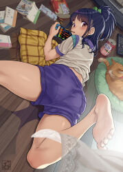 Rule 34 | 1girl, ass, barefoot, blue hair, blue shorts, blush, food, game console, gym uniform, hair ornament, high ponytail, highres, holding, indoors, looking at viewer, looking back, lying, mouth hold, multicolored clothes, nintendo switch, on stomach, orange eyes, original, pairan, panties under shorts, playing games, pocky, ponytail, short shorts, shorts, soles, solo