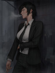 Rule 34 | 1girl, against wall, between fingers, black hair, black jacket, black necktie, black pants, blazer, breasts, chainsaw man, cigarette, eyepatch, formal, from side, highres, himeno (chainsaw man), holding, holding cigarette, jacket, large breasts, necktie, nuker (nukerdraws), pants, rain, shirt, shirt tucked in, short hair, smoking, solo, suit, white shirt