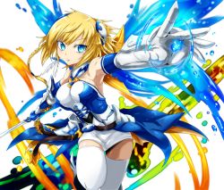 Rule 34 | 1girl, armpits, bad id, bad pixiv id, blonde hair, blue eyes, blue valkyrie (p&amp;d), braid, gloves, highres, obi seiji, puzzle &amp; dragons, short hair, solo, sword, thighhighs, valkyrie (p&amp;d), water, water valkyrie (p&amp;d), weapon, wings, zettai ryouiki