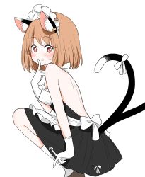 Rule 34 | 1girl, alternate costume, animal ear fluff, animal ears, backless outfit, bare back, bare shoulders, blush, brown hair, cat ears, cat tail, chen, commentary, earrings, enmaided, eyes visible through hair, feet out of frame, finger to mouth, from side, gloves, highres, jewelry, looking at viewer, looking to the side, maid, maid headdress, medium hair, multiple tails, red eyes, ribbon, shiisuu rattamu, simple background, single earring, smile, solo, squatting, tail, tail ornament, tail ribbon, touhou, two tails, white background, white gloves, white ribbon