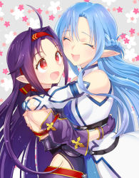 Rule 34 | 10s, 2girls, :d, ahoge, armor, asuna (sao), asuna (sao-alo), bare shoulders, blue hair, blush, braid, breastplate, couple, detached sleeves, dress, closed eyes, fang, female focus, fingerless gloves, floral background, friends, gloves, hairband, happy, highres, hug, light blue hair, long hair, looking at another, multiple girls, nanaki awa, open mouth, pointy ears, purple detached sleeves, purple gloves, purple hair, red eyes, sleeveless, sleeveless dress, sleeveless turtleneck, smile, sword art online, turtleneck, very long hair, white detached sleeves, white dress, yuuki (sao)