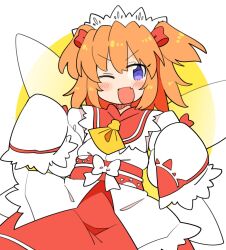 Rule 34 | 1girl, blush, dress, fairy, fairy wings, fang, frilled sleeves, frills, headdress, highres, ini (inunabe00), looking at viewer, one eye closed, open mouth, orange hair, purple eyes, red skirt, short hair, skin fang, skirt, sleeves past fingers, sleeves past wrists, smile, solo, sunny milk, touhou, two side up, white dress, wings