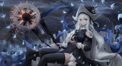 Rule 34 | absurdres, angelfish, arknights, black background, black dress, black hat, black legwear, breasts, bubble, chain, circular saw, commentary, detached sleeves, dress, english commentary, feet out of frame, fish, hair between eyes, hand up, hat, hat ornament, highres, holding, holding weapon, ling dianxia, long hair, looking at viewer, nail polish, official alternate costume, parted lips, purple nails, red eyes, saw, sitting, sleeveless, sleeveless dress, small breasts, specter (arknights), specter the unchained (arknights), tassel, thighhighs, thighs, very long hair, weapon
