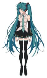 Rule 34 | 1girl, aqua eyes, aqua hair, aqua necktie, arm tattoo, bare shoulders, black skirt, black sleeves, black thighhighs, boots, collared shirt, detached sleeves, full body, hair ornament, hatsune miku, headphones, long hair, looking to the side, microphone, necktie, parted lips, pleated skirt, shirt, simple background, skirt, sleeveless, sleeveless shirt, solo, standing, tattoo, thigh boots, thighhighs, twintails, urkt 10, very long hair, vocaloid, white background, wide sleeves, wing collar