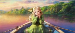 Rule 34 | 10s, 1girl, blonde hair, blue eyes, boat, cloud, cloudy sky, highres, lake, light smile, long hair, looking at viewer, marnie (omoide no marnie), nababa, omoide no marnie, original, realistic, scenery, sky, solo, sunset, watercraft