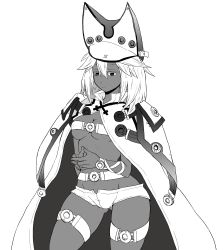 Rule 34 | 1girl, belt bra, breasts, cape, cleavage, closed mouth, commentary request, covered erect nipples, cowboy shot, dark-skinned female, dark skin, greyscale, groin, guilty gear, guilty gear xrd, hair between eyes, hat, highres, long hair, monochrome, navel, own hands together, ramlethal valentine, short shorts, shorts, simple background, solo, thigh strap, underboob, white background