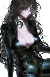Rule 34 | 1girl, black bodysuit, black hair, blush, bodysuit, breasts, cleavage, collarbone, eyes visible through hair, heavenmole, highres, large breasts, leather suit, long hair, looking at viewer, original, parted lips, partially unzipped, profile, scar, scar on chest, scar on face, simple background, solo, very long hair, wavy hair, white background
