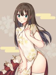Rule 34 | 1girl, :o, absurdres, black hair, blush, breasts, brown background, brown hair, china dress, chinese clothes, commentary request, covered navel, dress, egasumi, green eyes, groin, hair between eyes, hand up, highres, idolmaster, idolmaster cinderella girls, idolmaster cinderella girls starlight stage, leaning forward, long hair, looking at viewer, multicolored hair, norazura, parted lips, pelvic curtain, shibuya rin, short sleeves, small breasts, solo, thighhighs, two-tone hair, very long hair, white dress, white thighhighs