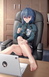 Rule 34 | 1girl, absurdres, ahoge, barefoot, bartender, black hair, black necktie, black panties, cabinet, cameltoe, chair, collared shirt, computer, feet, glasses, green shirt, highres, holding, honkai (series), honkai impact 3rd, indoors, laptop, legs, long sleeves, looking at viewer, lrh0123, mole, mole under mouth, nail polish, necktie, no shoes, office chair, panties, pink nails, purple eyes, raven (honkai impact), shirt, short hair, sitting, smile, solo, swivel chair, table, toenail polish, toenails, toes, underwear