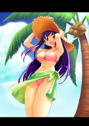 Rule 34 | 00s, 1girl, bikini, breasts, cleavage, day, fate/stay night, fate (series), hat, large breasts, lens flare, letterboxed, long hair, matou sakura, open mouth, palm tree, pink bikini, purple hair, r-gray, sarong, smile, solo, straw hat, swimsuit, tree, underboob