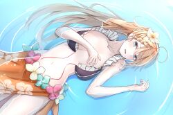 Rule 34 | 1girl, absurdres, ahoge, bikini, blonde hair, blue eyes, braid, braided bangs, breasts, collarbone, covering privates, covering breasts, floral print, flower, french braid, frilled bikini, frills, g36 (50 days with g36) (girls&#039; frontline), g36 (girls&#039; frontline), girls&#039; frontline, hair flower, hair ornament, highres, long hair, looking at viewer, maid, maid bikini, medium breasts, navel, official alternate costume, partially submerged, satsumaagee, solo, swimsuit, unconventional maid, untied bikini, water