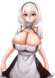 Rule 34 | 1girl, apron, azur lane, breasts, choker, cleavage, collarbone, dress, fingernails, hair between eyes, hairband, halterneck, highres, huge breasts, lace-trimmed hairband, lace trim, looking at viewer, mistynight, puffy short sleeves, puffy sleeves, red eyes, short hair, short sleeves, simple background, sirius (azur lane), solo, waist apron, white apron, white background, white hair