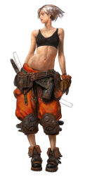 Rule 34 | 1girl, black footwear, bottle, brown gloves, concept art, full body, gloves, highres, hunting era, knee pads, looking to the side, midriff, navel, orange shorts, pouch, sangsoo jeong, sheath, sheathed, shorts, silver hair, simple background, solo, sports bra, standing, water bottle, white background