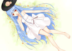 Rule 34 | 1girl, alternate costume, bare arms, bare legs, bare shoulders, barefoot, black hat, blue hair, commentary, dress, eyes visible through hair, flan (seeyouflan), flower, food, fruit, hat, hinanawi tenshi, long hair, looking at viewer, lying, on back, peach, red eyes, sleeveless, sleeveless dress, solo, strap slip, touhou, very long hair, white dress