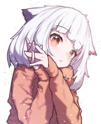 Rule 34 | 1girl, :o, alternate costume, arknights, beudelb, blunt bangs, blush, brown eyes, head tilt, highres, long sleeves, orange sweater, owl ears, own hands together, parted lips, ptilopsis (arknights), short hair, silver hair, simple background, sleeves past wrists, solo, sweater, upper body, white background