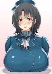 Rule 34 | 10s, 1girl, ao madoushi, beret, black hair, breasts, gradient background, hat, highres, huge breasts, kantai collection, lips, looking at viewer, military, military uniform, red eyes, short hair, simple background, solo, takao (kancolle), uniform, upper body, white background