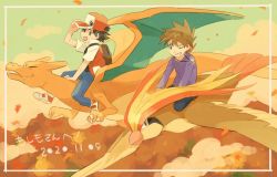 Rule 34 | 2boys, above clouds, backpack, bad id, bad twitter id, bag, baseball cap, black hair, black shirt, blue oak, blue pants, brown bag, brown hair, charizard, cloud, commentary request, creatures (company), dated, framed, game freak, gen 1 pokemon, hat, jacket, jewelry, male focus, multiple boys, necklace, nintendo, open mouth, outdoors, pants, pidgeot, pokemon, pokemon (creature), pokemon rgby, purple shirt, red (pokemon), riding, riding pokemon, shirt, shoes, short hair, short sleeves, sitting, smile, spiked hair, torinoko (miiko draw), translation request, white footwear