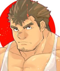 Rule 34 | 1boy, bara, black eyes, brown hair, facial hair, glowing, glowing eye, goatee, highres, hiraga0613, takabushi kengo, long sideburns, looking at viewer, male focus, manly, muscular, pectorals, portrait, sideburns, simple background, solo, stubble, tank top, thick eyebrows, tokyo houkago summoners, white tank top