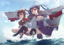 Rule 34 | 2girls, ahoge, anklet, azur lane, black legwear, blue hair, blue sky, breasts, brown hair, chinese clothes, cleavage, cloud, coat, commentary request, day, dress, fur trim, hair ornament, hairband, hajin, jewelry, long sleeves, medium breasts, multiple girls, ning hai (azur lane), off shoulder, outdoors, pelvic curtain, ping hai (azur lane), purple dress, red dress, red eyes, shoes, short hair, single thighhigh, sky, small breasts, standing, thighhighs, thighs, water, white coat, white footwear, white hairband, wide sleeves, wings