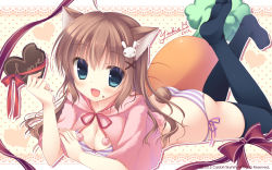 Rule 34 | 1girl, :d, animal ears, black thighhighs, blue eyes, bow, bra, breasts, brown hair, candy, carrot, cat ears, chocolate, chocolate heart, cleavage, fang, food, food on face, hair ornament, heart, highres, legs up, lingerie, long hair, looking at viewer, lying, no shoes, on stomach, open mouth, original, panties, rabbit hair ornament, rabbit tail, ribbon, side-tie panties, signature, small breasts, smile, solo, striped bra, striped clothes, striped panties, tail, thighhighs, underwear, valentine, yukie (peach candy)