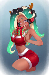 Rule 34 | 1girl, antlers, bare shoulders, blue eyes, blush, box, breasts, christmas, cleavage, collarbone, crop top, dark-skinned female, dark skin, double v, fake antlers, fangs, fur-trimmed shirt, fur-trimmed shorts, fur trim, gift, gift box, headphones, horns, large breasts, little blood, looking at viewer, marina (splatoon), midriff, navel, nintendo, object on breast, octoling, octopus girl, open mouth, red shirt, red shorts, reindeer antlers, shirt, shorts, sleeveless, sleeveless shirt, smile, splatoon (series), standing, teeth, tentacle hair, tentacles, v