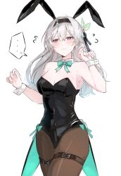 1girl alternate_costume animal_ears aqua_bow aqua_bowtie black_leotard bow bowtie covered_navel detached_collar ebitendon fake_animal_ears fake_tail firefly_(honkai:_star_rail) fishnet_pantyhose fishnets grey_hair highres honkai:_star_rail honkai_(series) leotard pantyhose playboy_bunny purple_eyes rabbit_ears rabbit_tail simple_background solo strapless strapless_leotard tail white_background wrist_cuffs